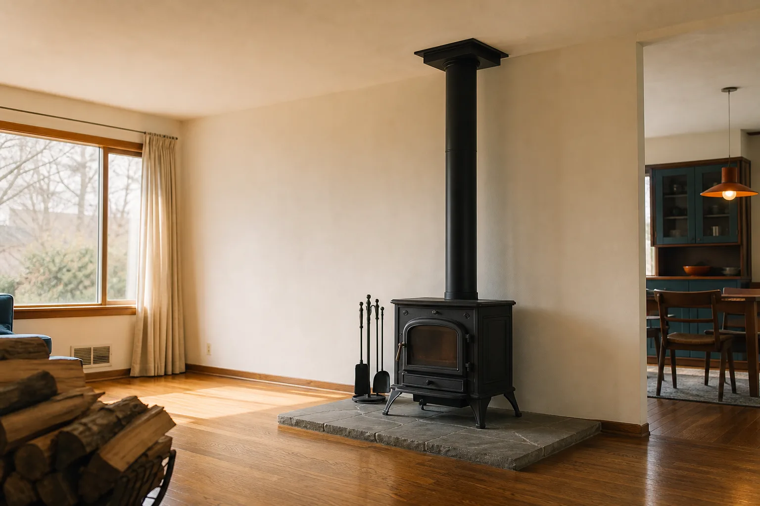 wood stove chimney kit installed with black stove pipe rising to a ceiling support box