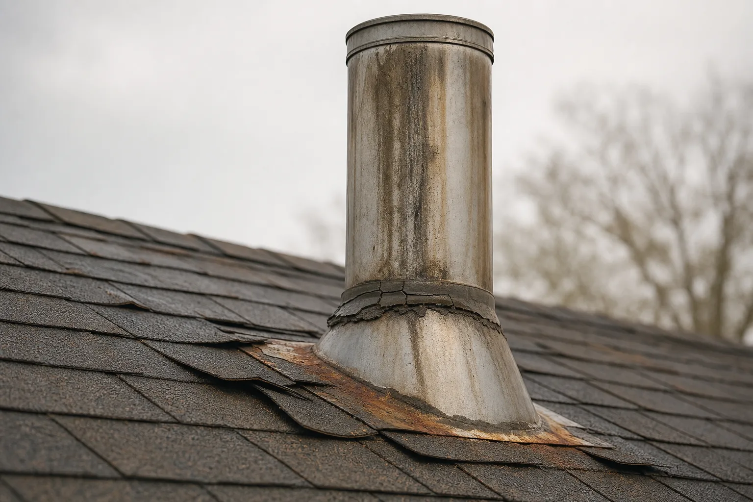 wood stove chimney kit pipe in typical weathered condition with cracked sealant and rusted flashing