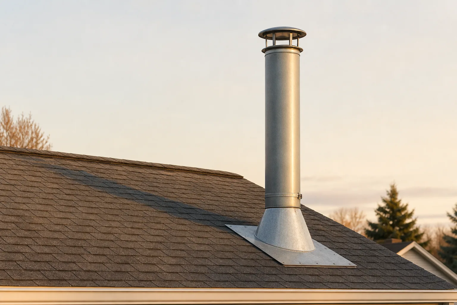 wood stove chimney kit Class A pipe rising above the roof ridge with flashing and storm collar