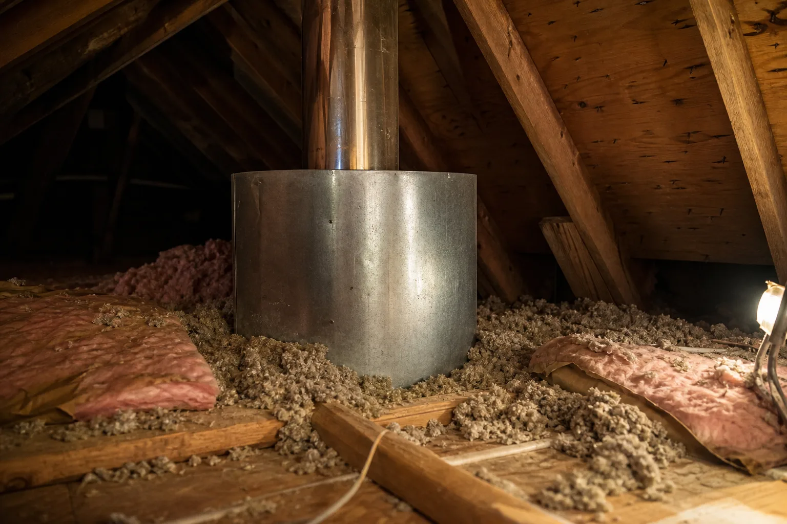 wood stove chimney kit attic insulation shield surrounding the chimney pipe in an attic