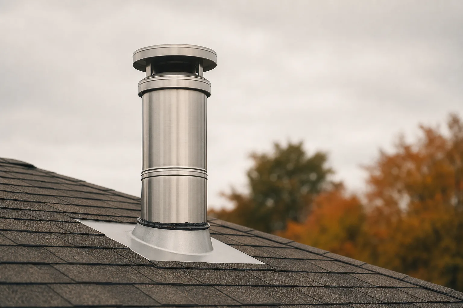 wood stove chimney kit pipe in sound condition with seated flashing and intact storm collar sealant