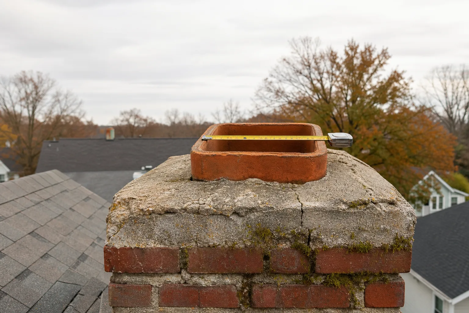 Chimney dampers are sized by flue dimension, a tape measure across the clay flue tile on a chimney crown