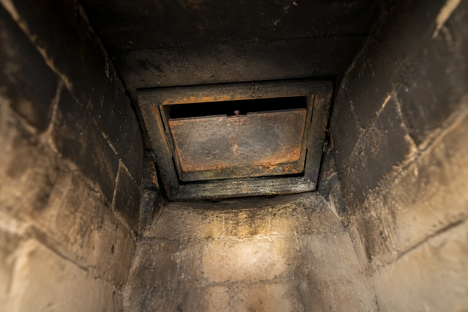 Chimney dampers seen from inside a cold firebox, a cast iron throat damper lit by a flashlight beam