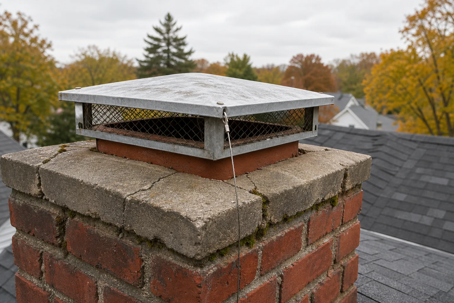 Chimney dampers of the top-sealing type mounted on a brick chimney crown, seen from the roof