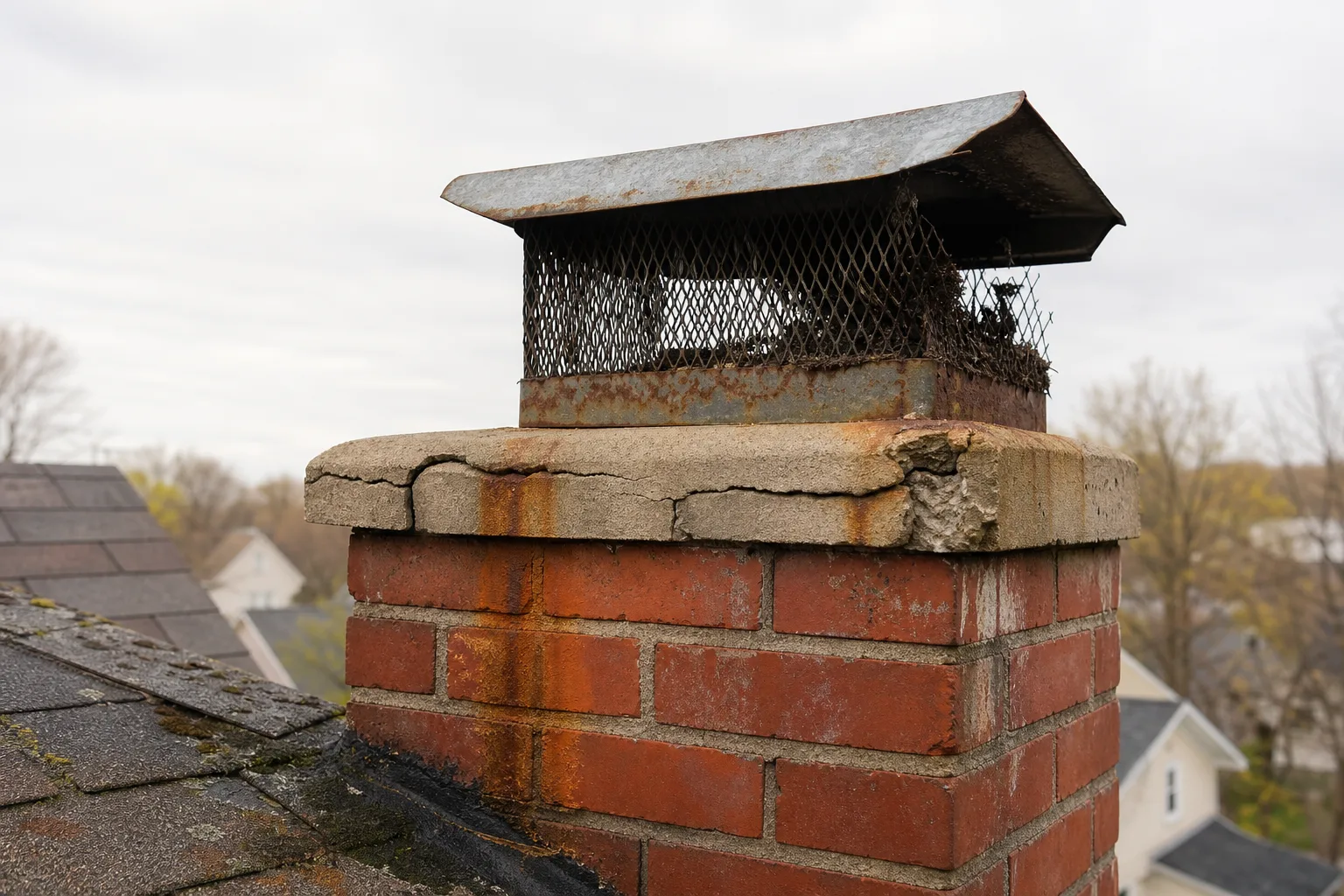 custom chimney caps: a rusted stock cap and cracked crown in typical worn condition
