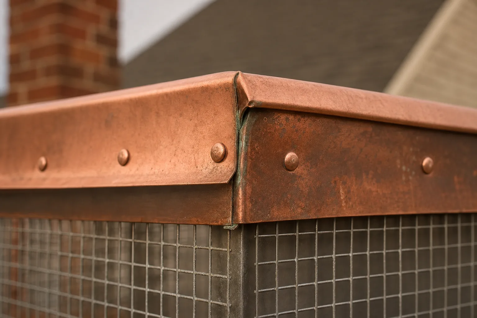 custom chimney caps: copper seam and stainless mesh material detail