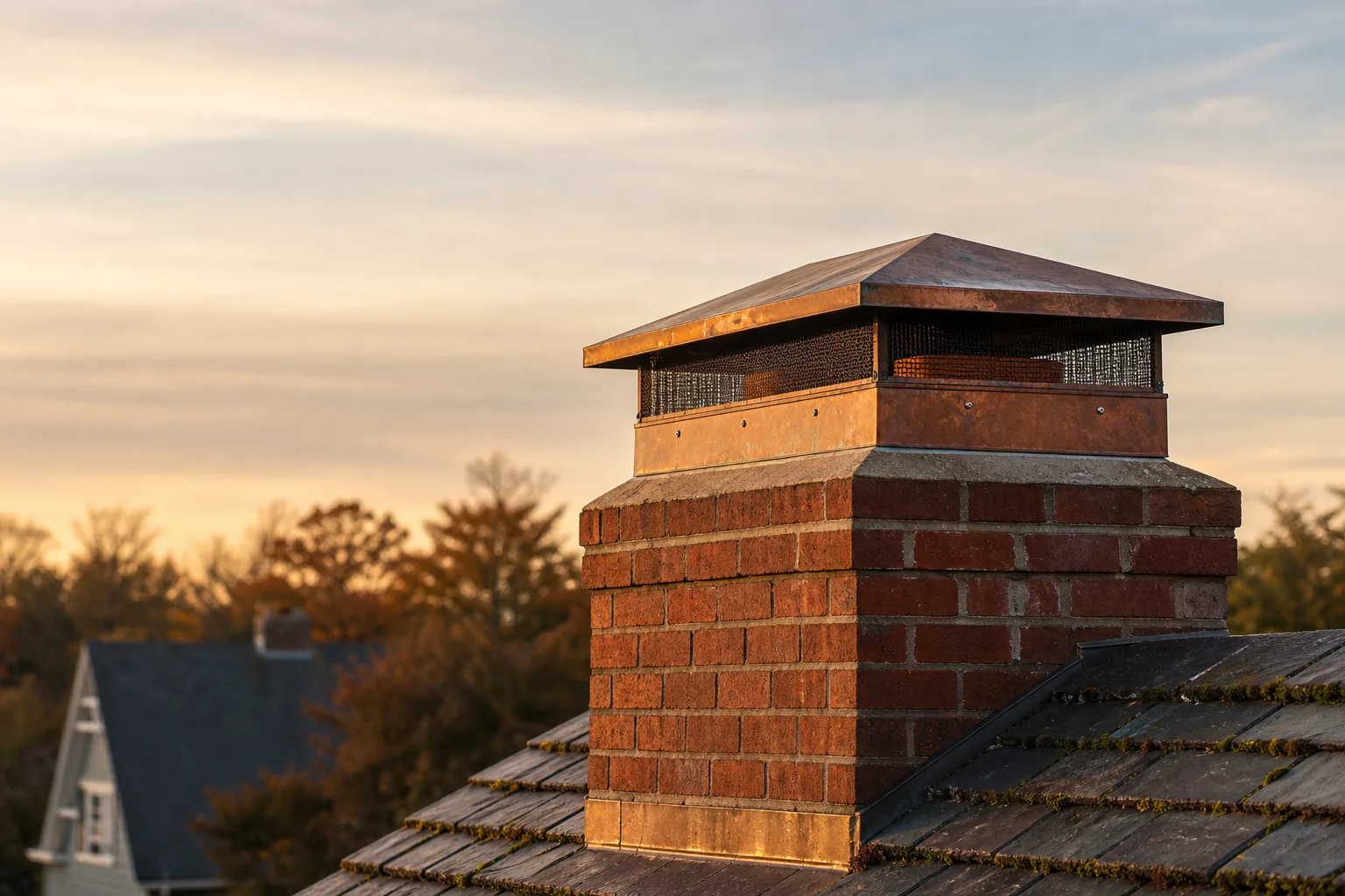 custom chimney caps: a copper multi-flue cap on a brick chimney at golden hour