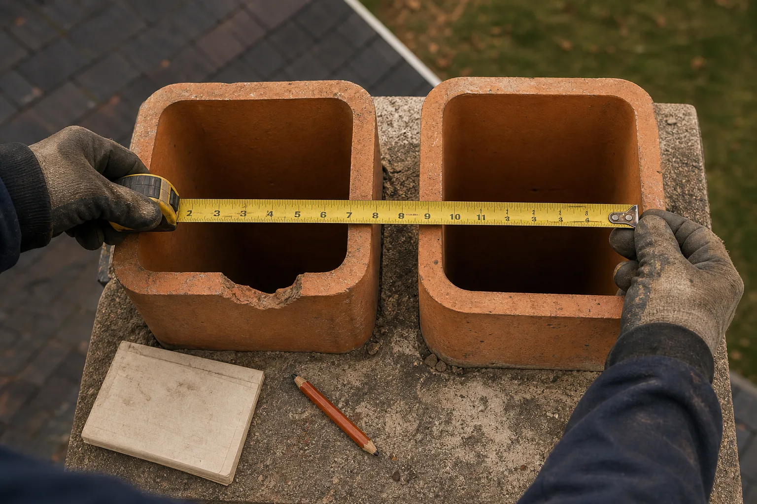 custom chimney caps: measuring the outside dimension of two clay flue tiles on a crown