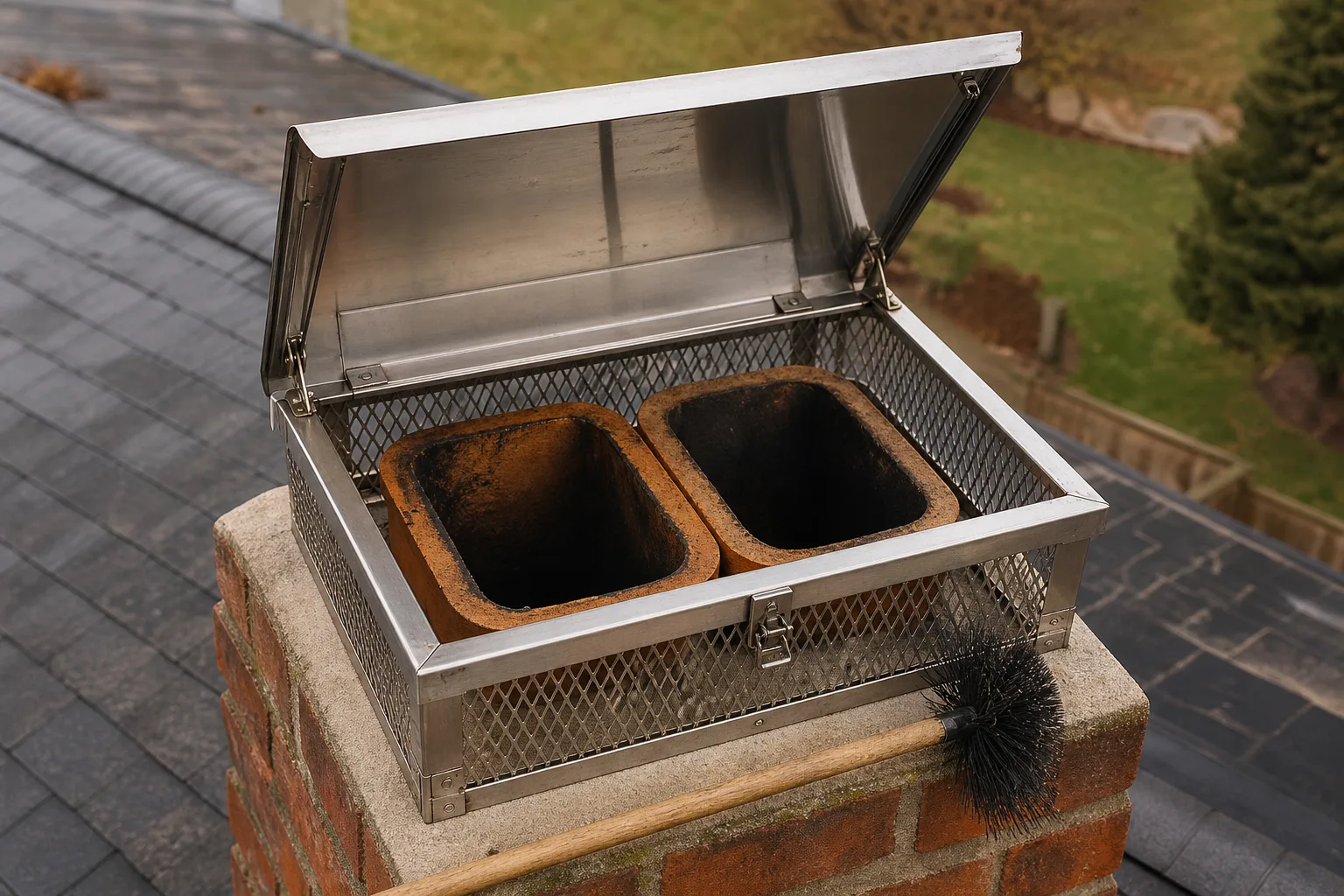 custom chimney caps: a hinged lid opened for flue cleaning access
