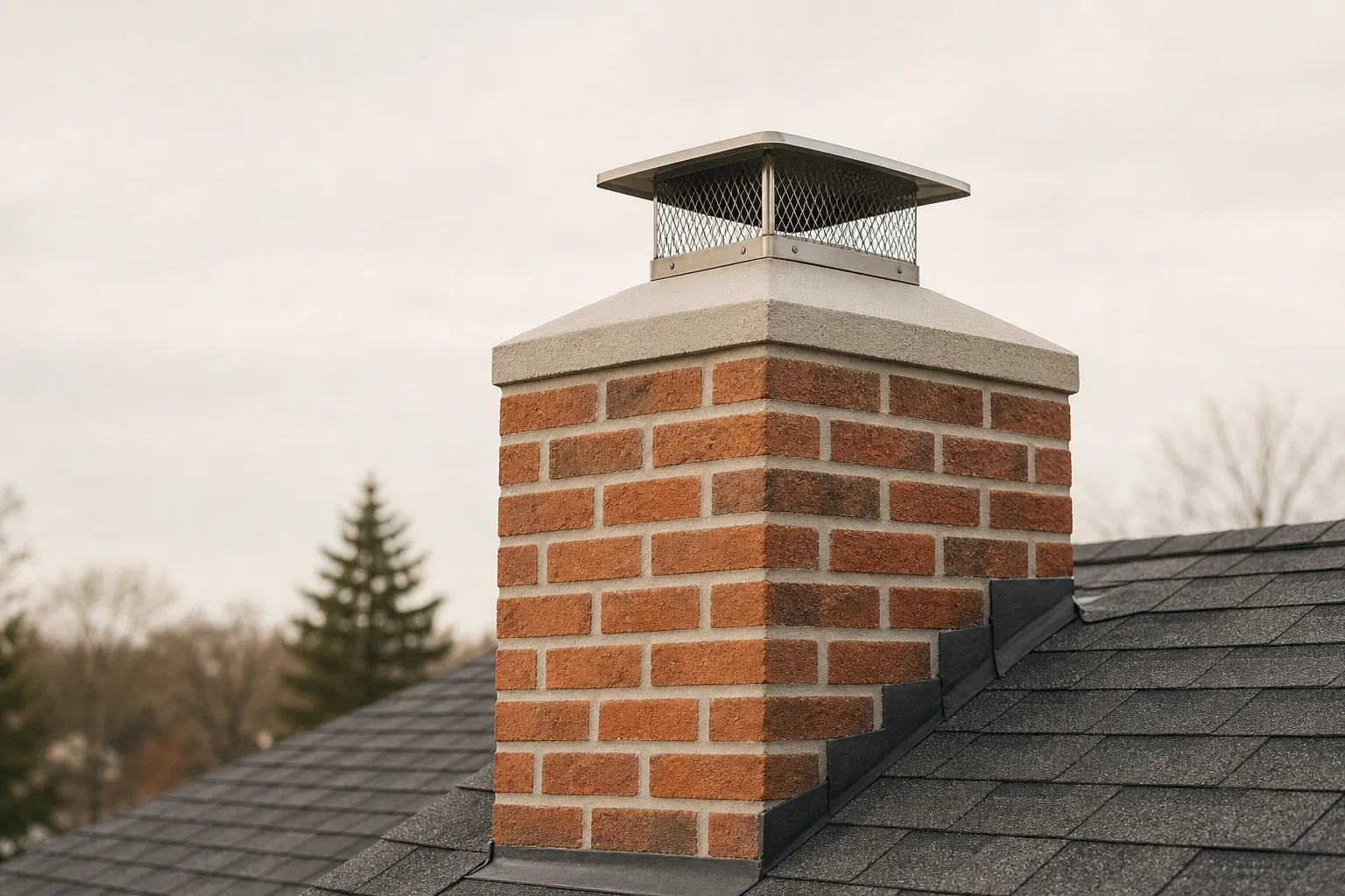 Chimney service and repair after: an intact crown, repointed joints and a stainless cap on the same chimney