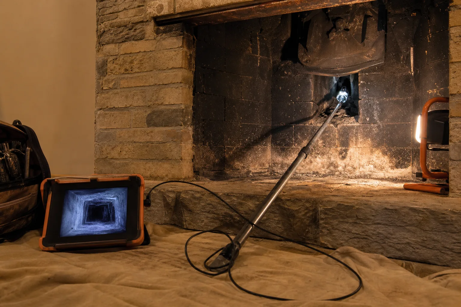 Chimney service and repair inspection: a video camera on a pole feeding into a masonry firebox