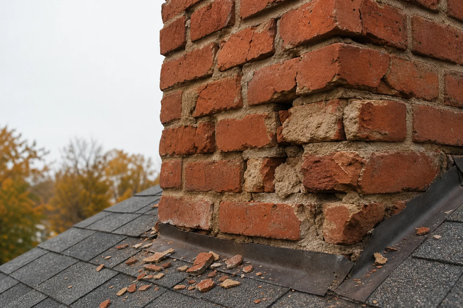 Chimney service and repair warning signs: spalled brick faces and crumbling mortar joints on a chimney stack