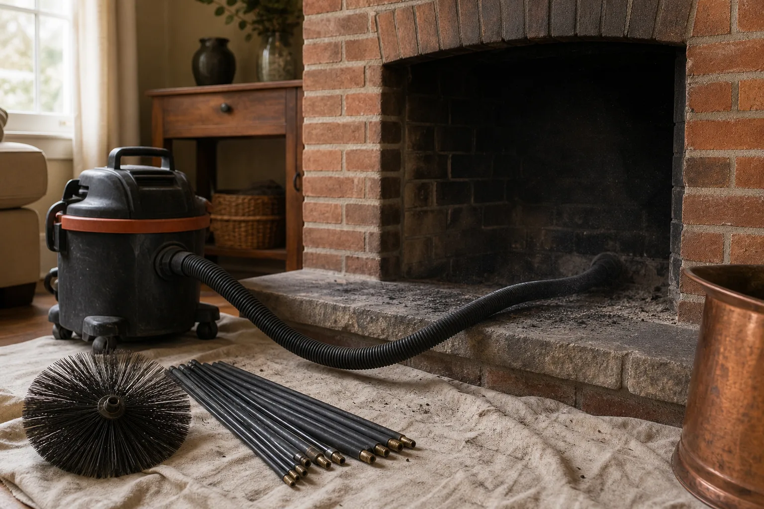 Chimney service and repair tools laid out on a drop cloth in front of an open brick fireplace