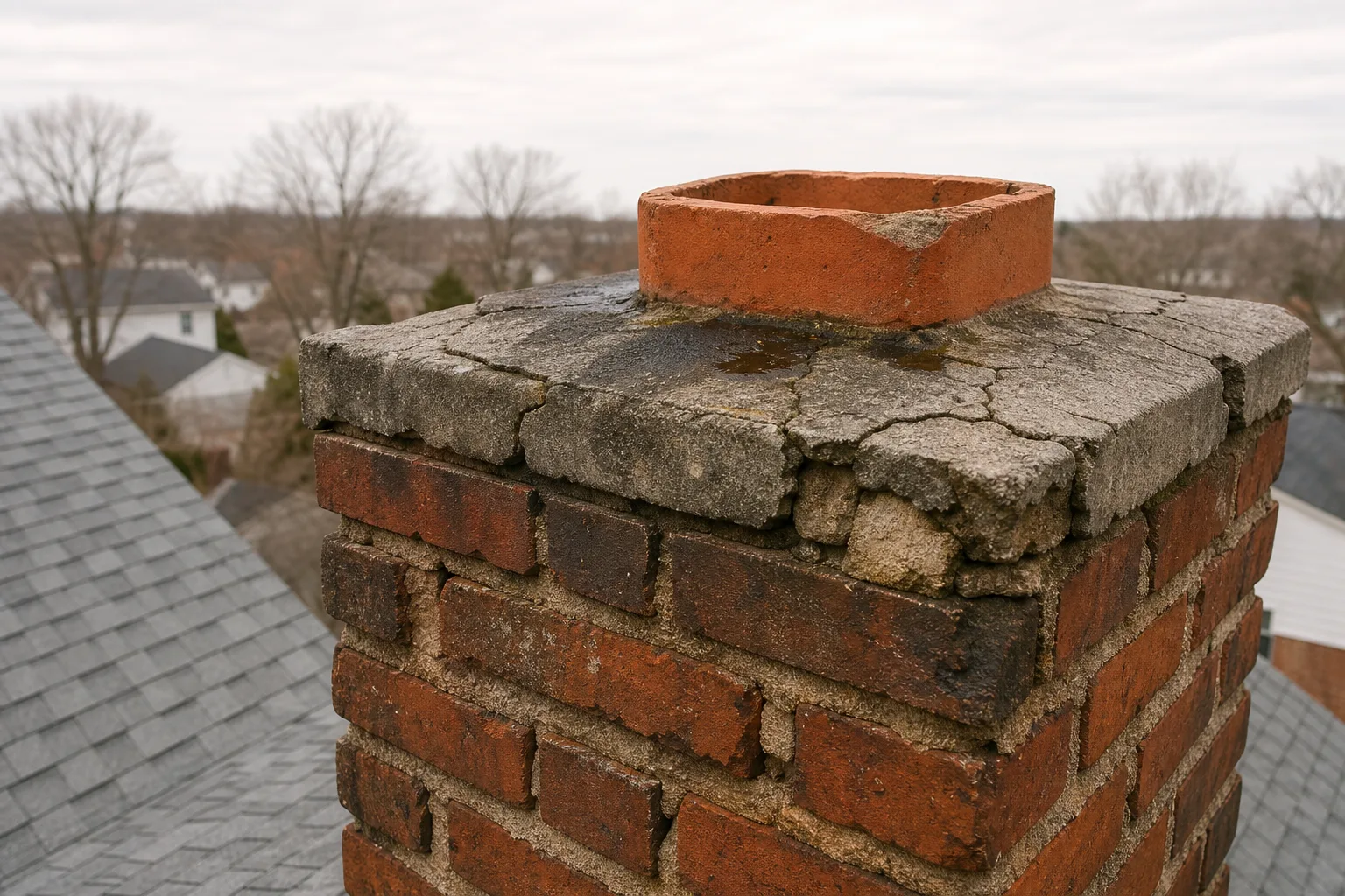 Chimney service and repair before: a cracked concrete crown and open mortar joints in typical worn condition