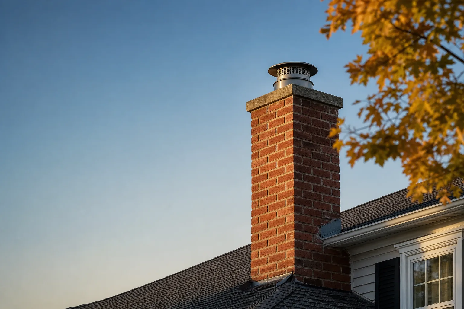 Chimney service and repair: a red brick chimney above a shingle roof on an American house at golden hour