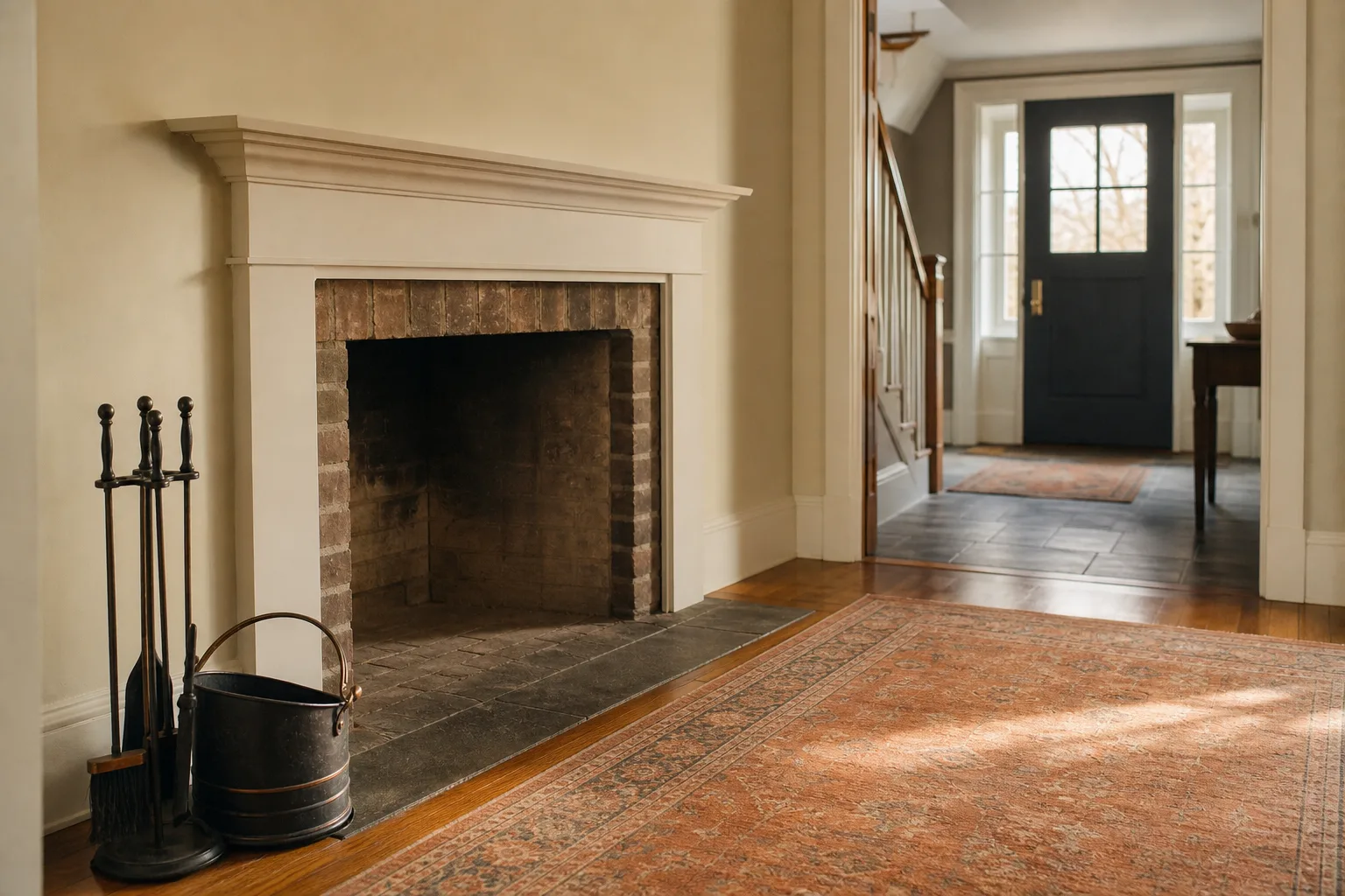 Cleared hearth and empty mantel with a clear open path to a cold fireplace