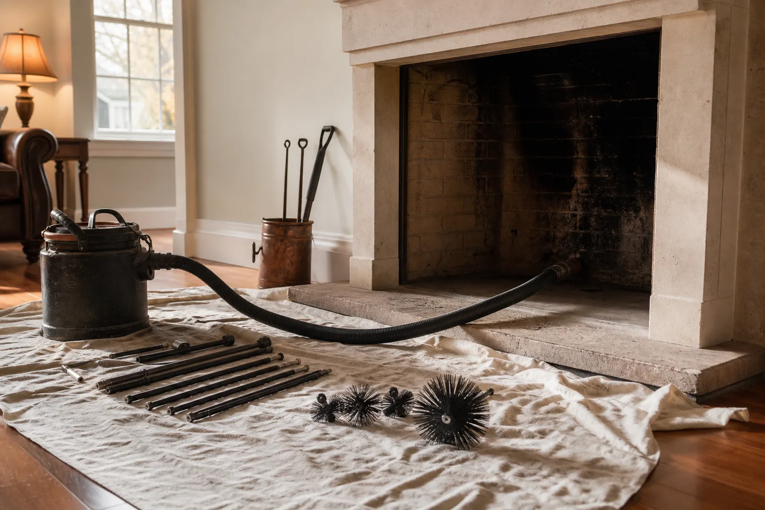 Drop cloths, HEPA vacuum hose and sweeping rods laid out in front of an open firebox