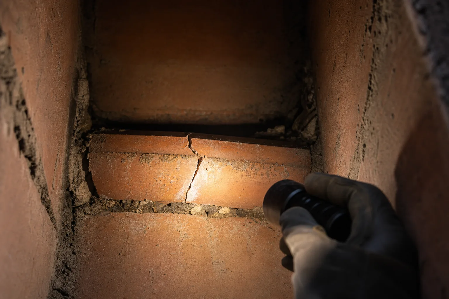 Gloved hand shining a flashlight on a cracked flue tile and crumbling mortar joint