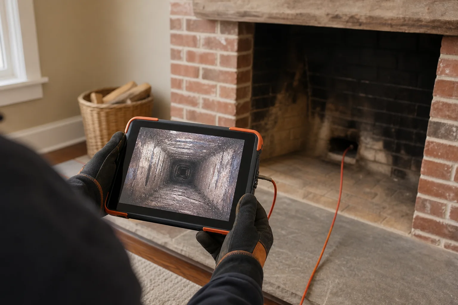 Gloved technician reviewing a flue camera feed on a tablet during a chimney inspection