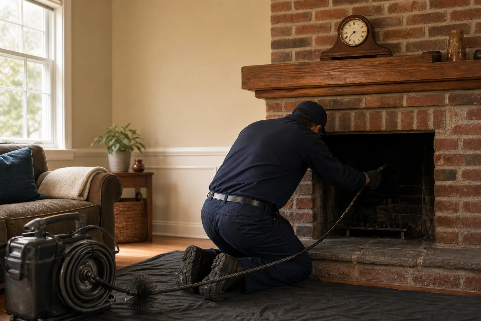 Chimney sweep kneeling at a brick fireplace beside a mantel clock during a morning cleaning
