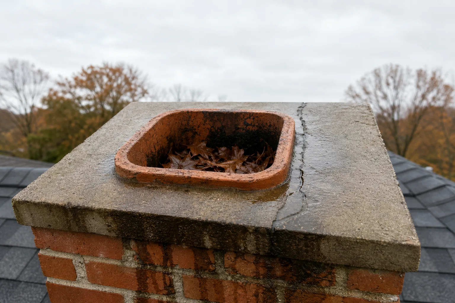chimney smell in house: cracked chimney crown with wet leaves collected inside the open flue tile