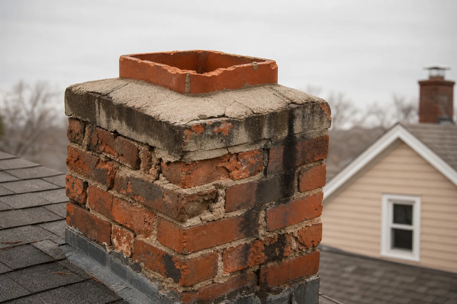 chimney smell in house: typical worn chimney top with no cap, eroded mortar and a cracked crown