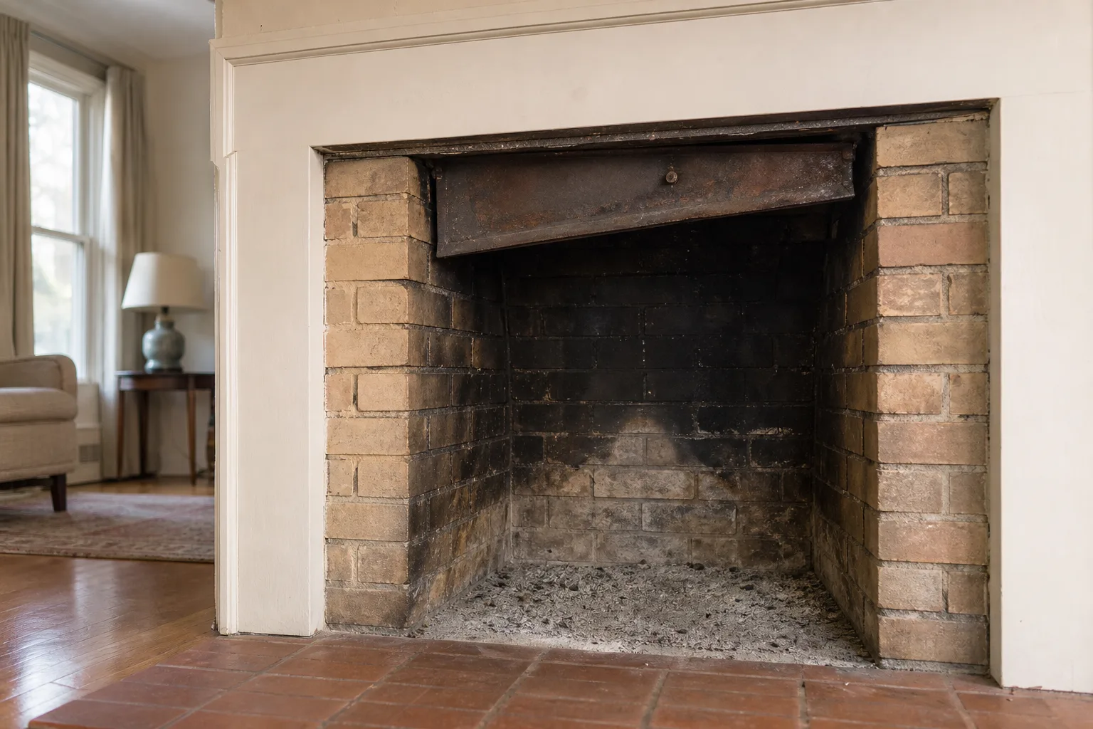 chimney smell in house: cold firebox with gray ash and a rusted cast iron throat damper above the opening