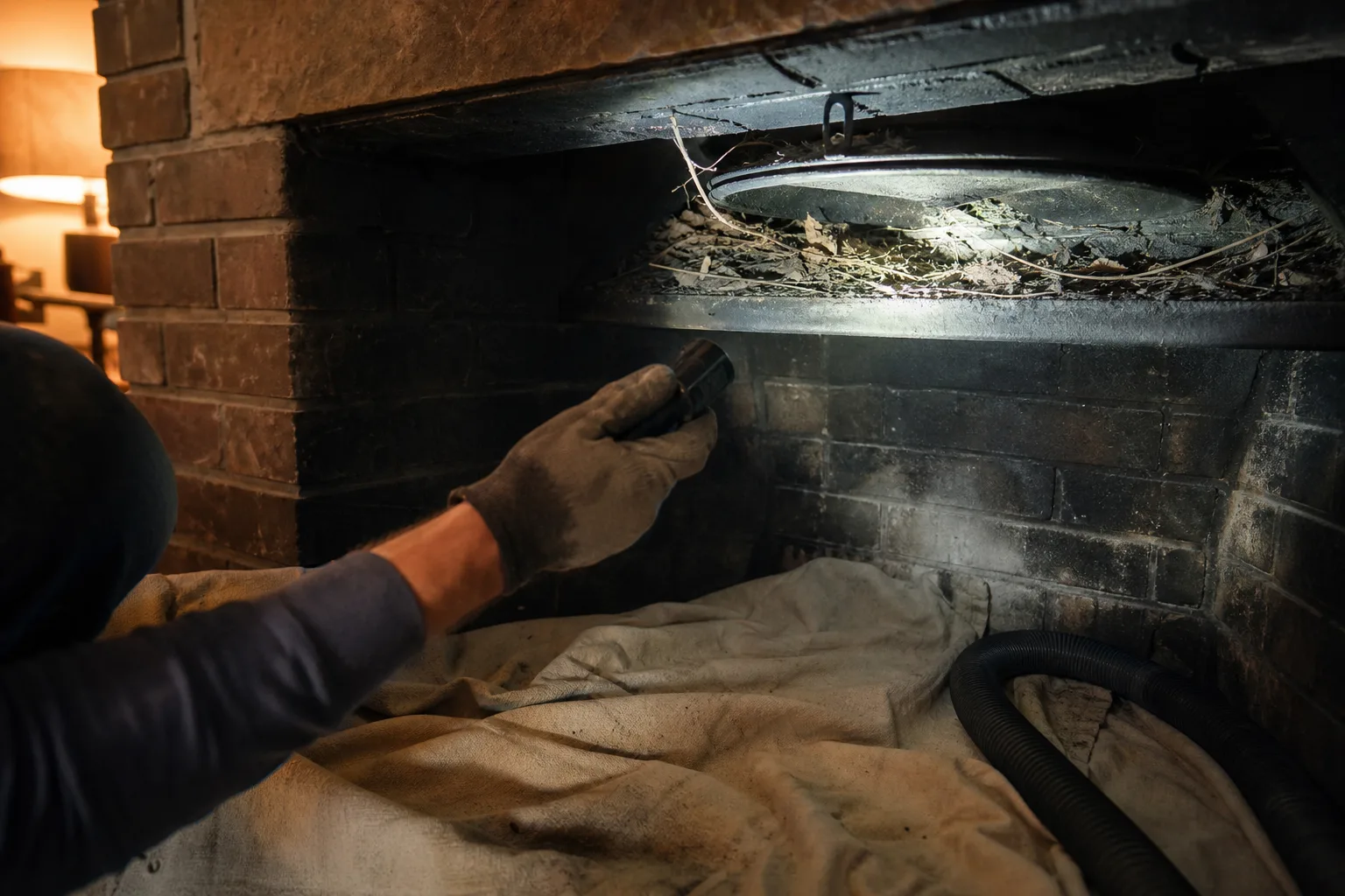 chimney smell in house: flashlight aimed past the damper onto a smoke shelf holding leaves and twigs