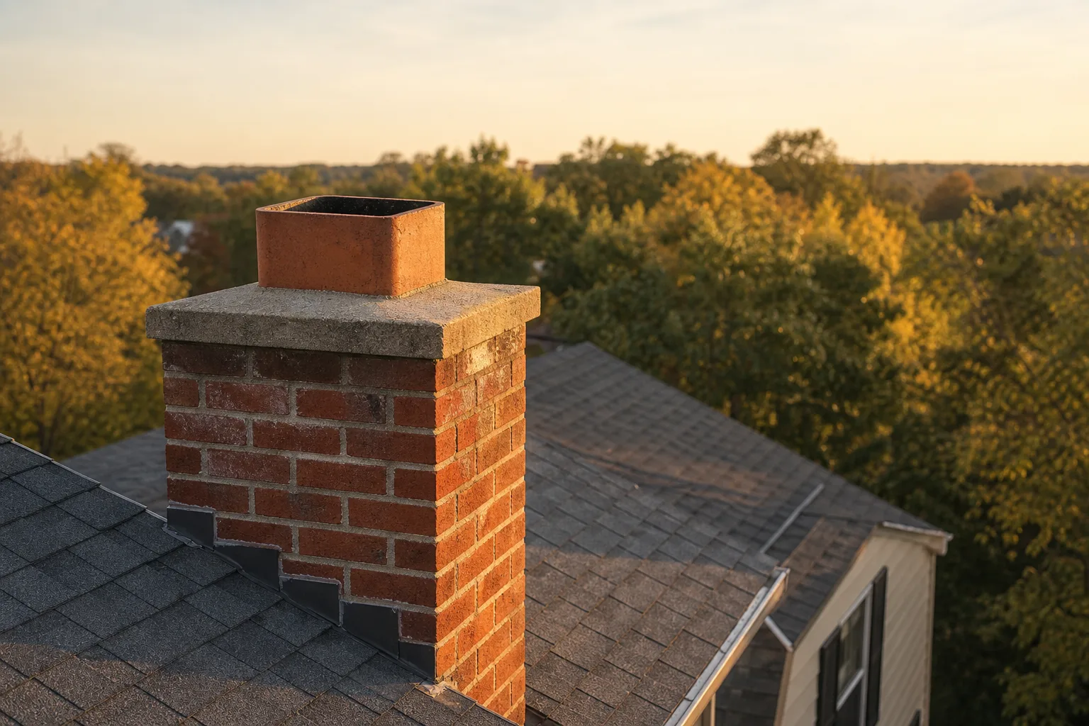 chimney smell in house: uncapped terracotta flue tile above a cracked concrete crown on a brick chimney