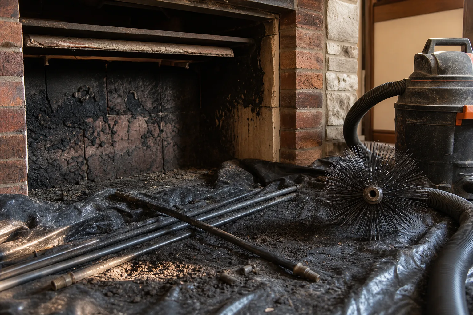 chimney smell in house: brush rods and black creosote dust on a tarp beside a flue coated in tar-black deposits