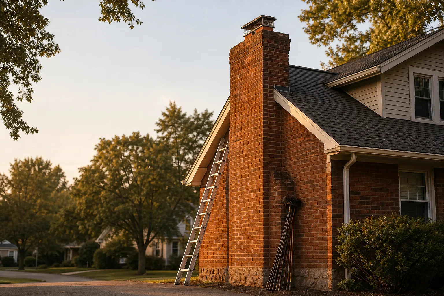 Cast iron fireplace insert project starts here, a brick chimney inspected from the roof of an American house