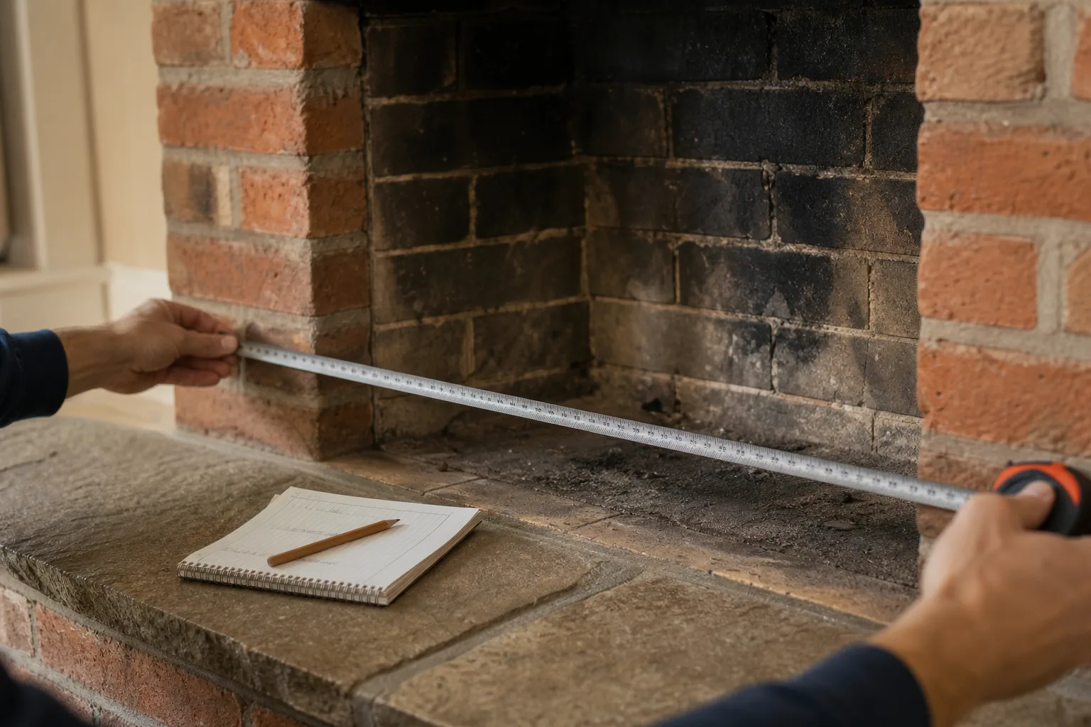 Cast iron fireplace insert sizing, a tape measure spanning the opening of an existing masonry firebox