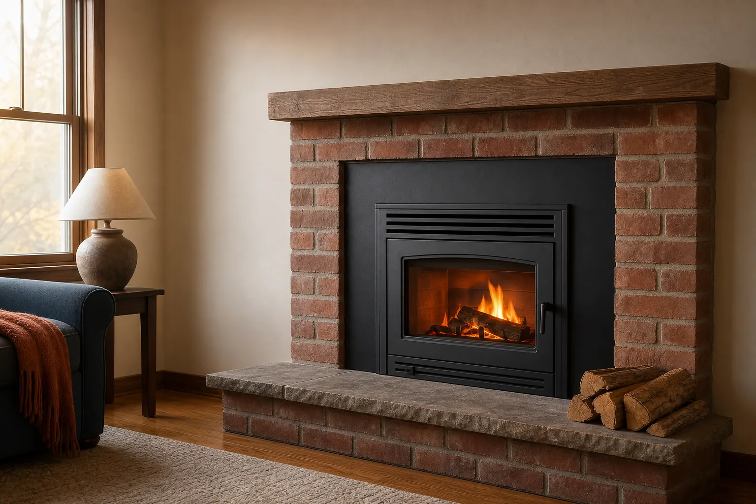 Cast iron fireplace insert installed in a brick masonry fireplace with a fire burning behind the glass door