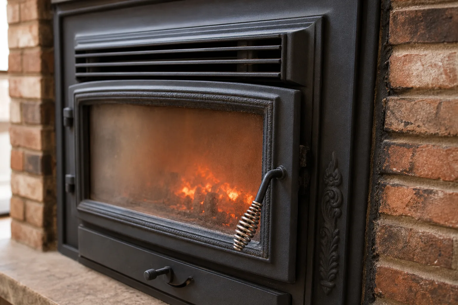 Cast iron fireplace insert door, louvers and control lever seen in close detail