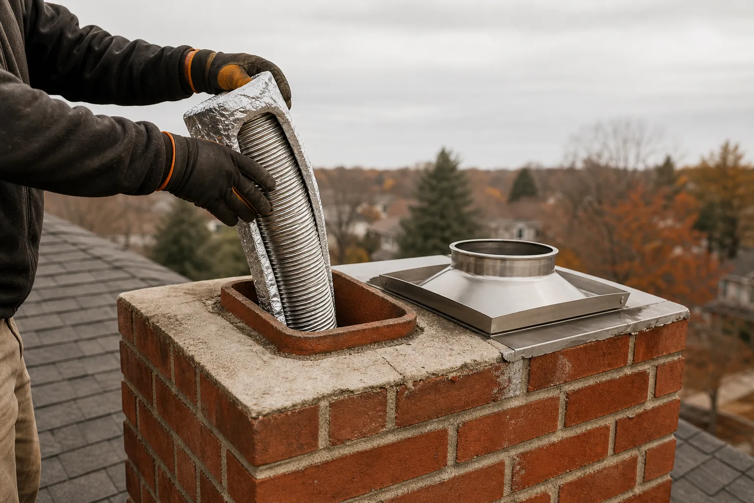 Cast iron fireplace insert liner being installed, stainless steel chimney liner fed into the clay flue at the crown