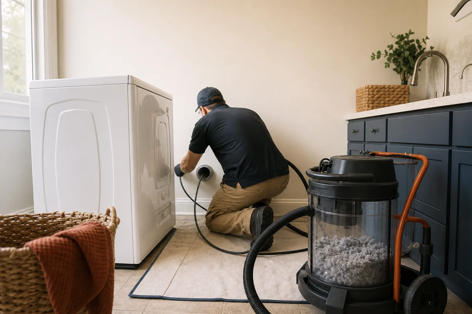 Dryer vent cleaning service technician rotary-brushing ductwork beside a laundry appliance