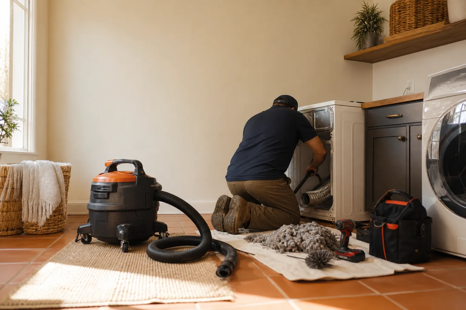 Technician performs dryer vent cleaning behind a household laundry appliance Technician performs dryer vent cleaning behind a household laundry appliance