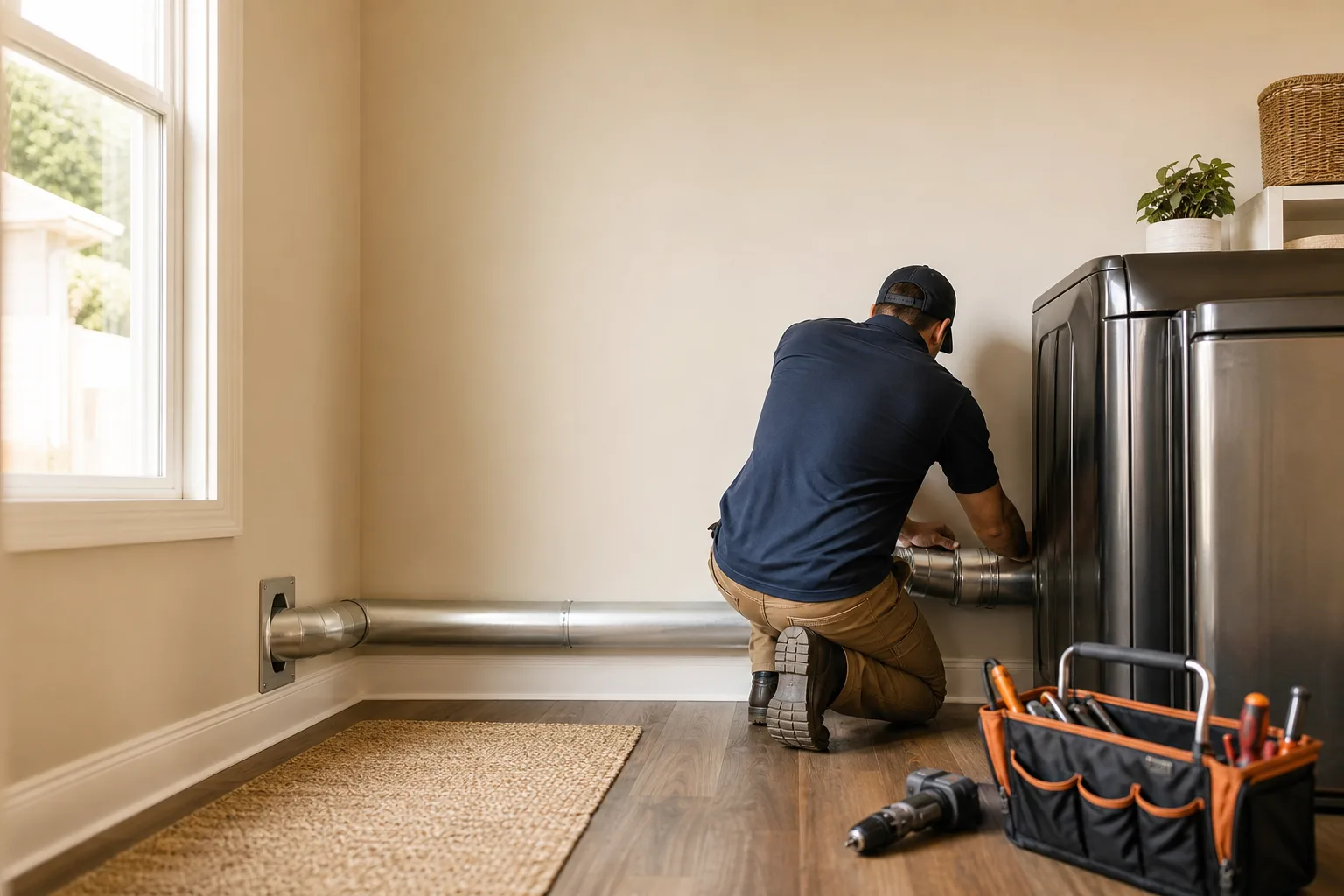 Dryer vent installation technician connecting rigid metal duct behind a laundry room dryer