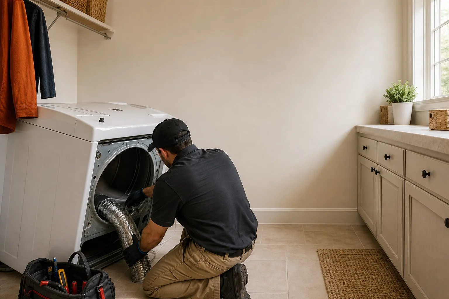 Dryer vent repair technician inspecting a crushed metal connector behind a laundry dryer