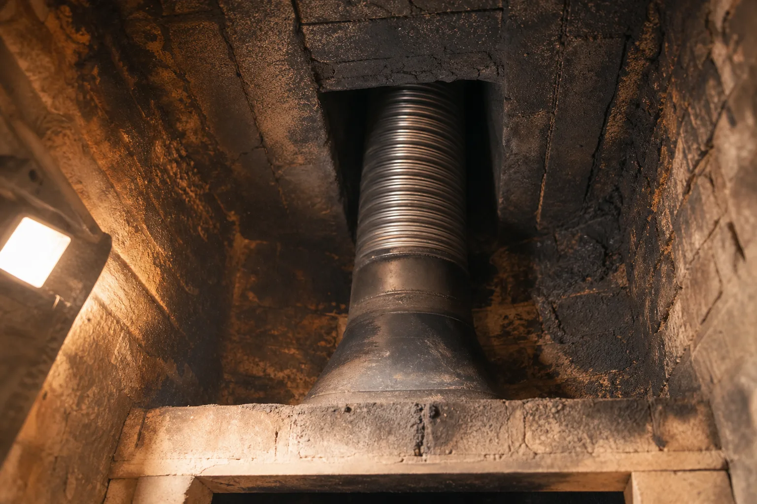 chimney flue liner installation: the liner meeting its connector at the fireplace damper throat
