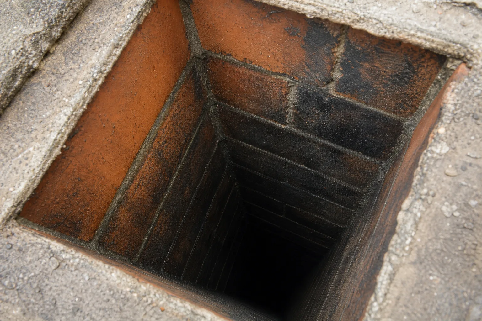 chimney flue liner installation: looking down a clay tile flue from the chimney top