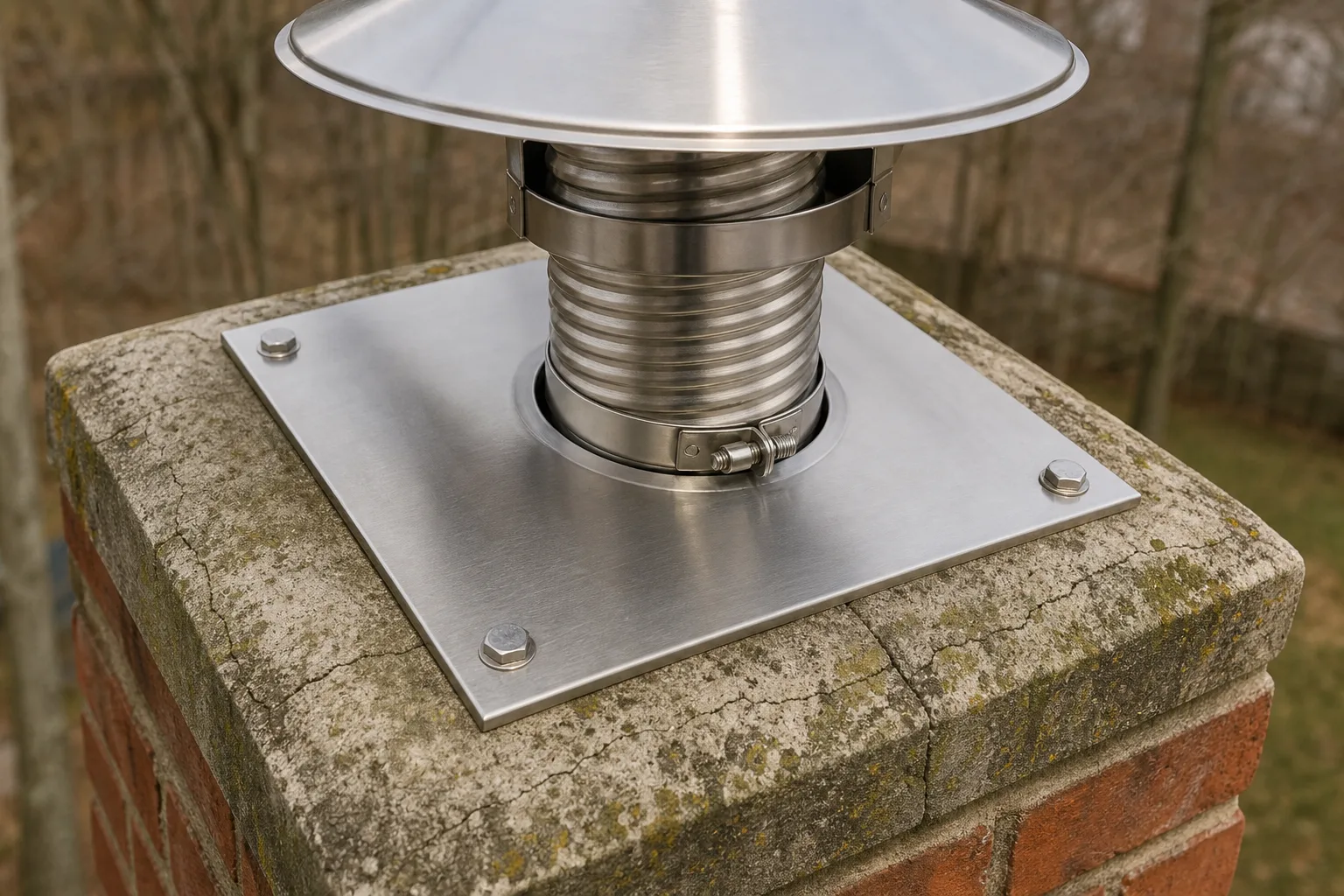 chimney flue liner installation: the stainless top plate clamped on the chimney crown