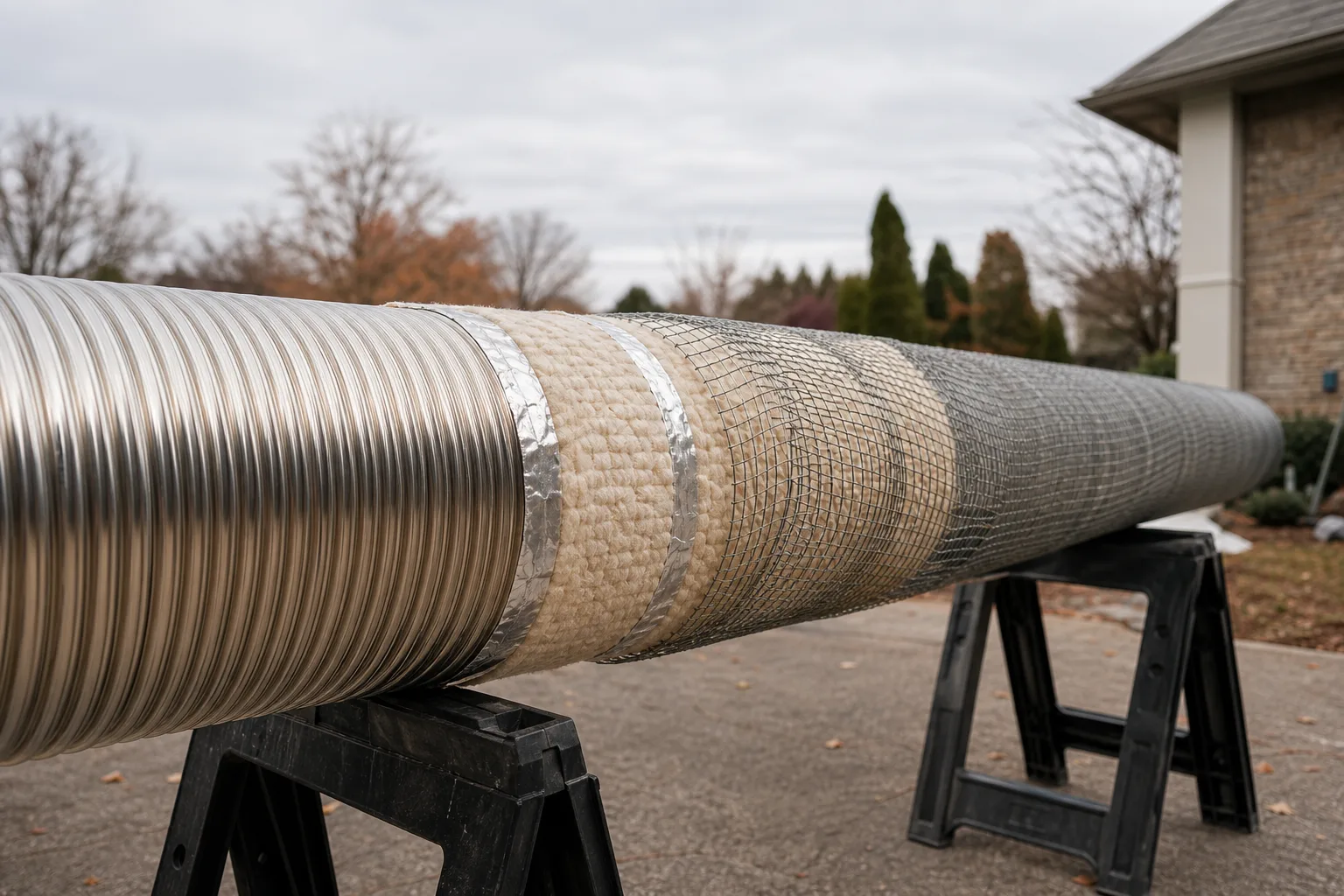chimney flue liner installation: insulation blanket and mesh sleeve wrapped along the liner