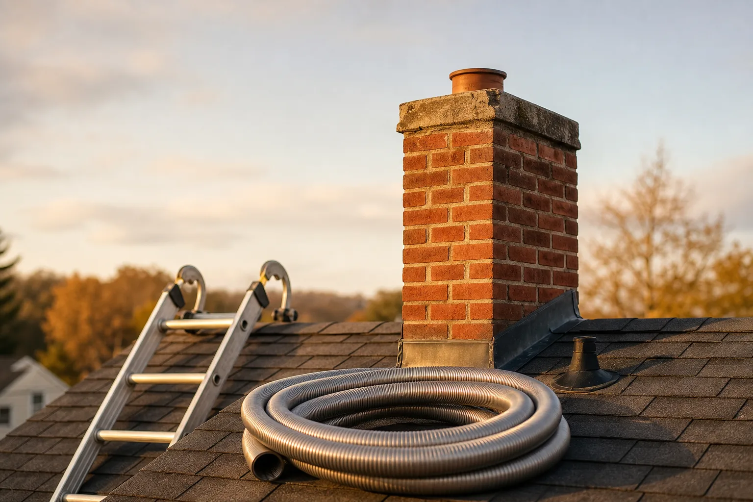 chimney flue liner installation: a coil of stainless liner staged on the roof beside a brick chimney