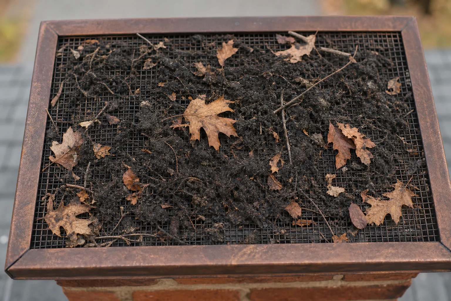 Copper chimney caps: a clogged spark arrester screen matted with soot and leaves seen from above