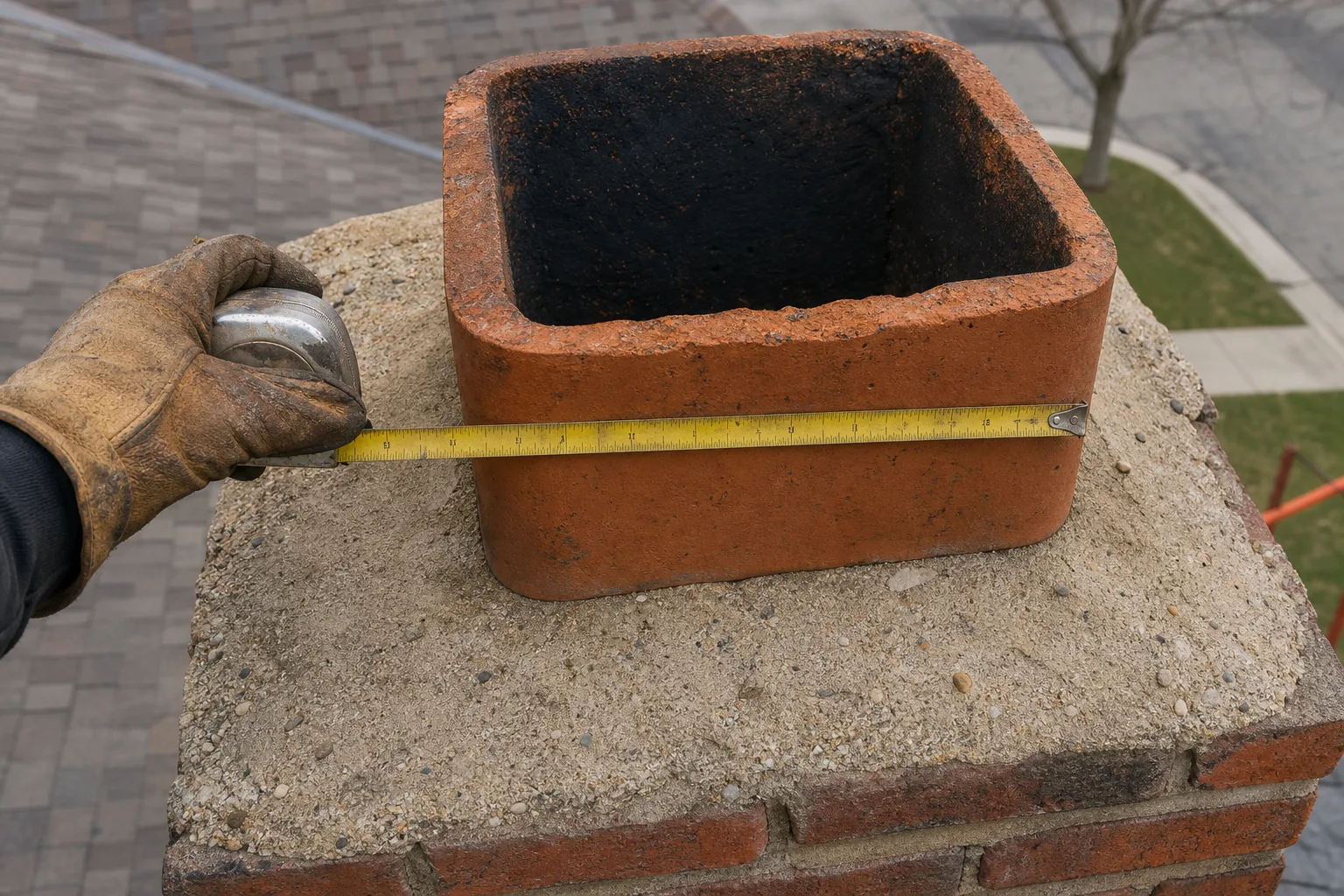 Copper chimney caps: measuring the outside of a clay flue tile with a tape measure
