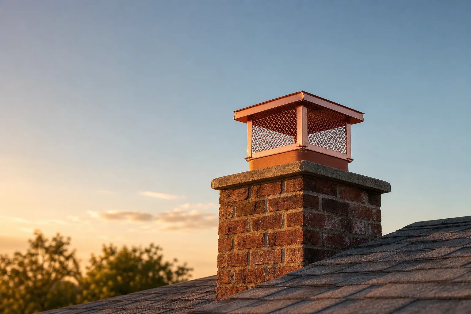 Copper chimney caps: a new copper single-flue cap on a brick chimney at golden hour