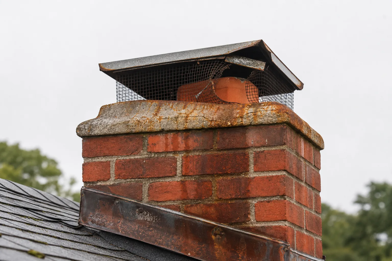 Copper chimney caps: a failed galvanized cap with rust streaks running down the brick, typical worn condition