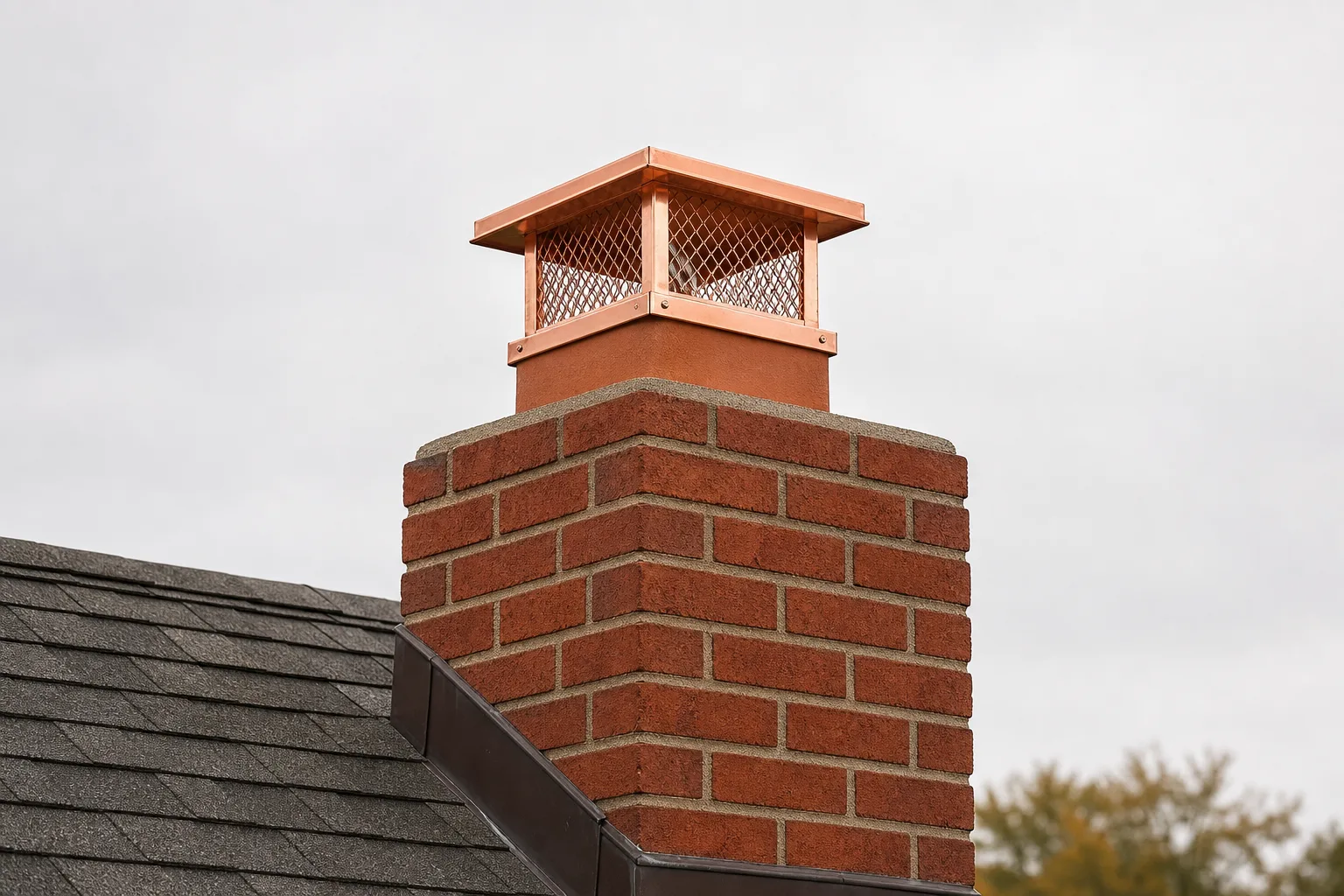 Copper chimney caps: the same chimney with a sound new copper cap replacing the rusted one