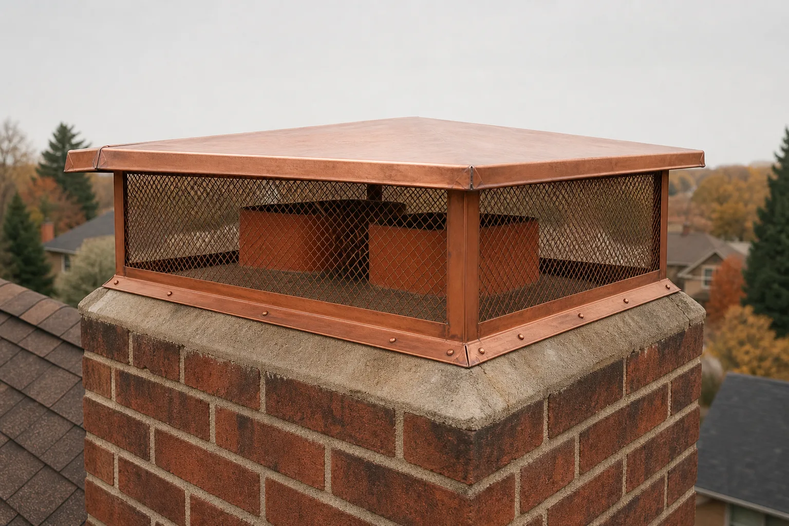 Copper chimney caps: a multi-flue copper cap covering two clay flue tiles on a chimney crown